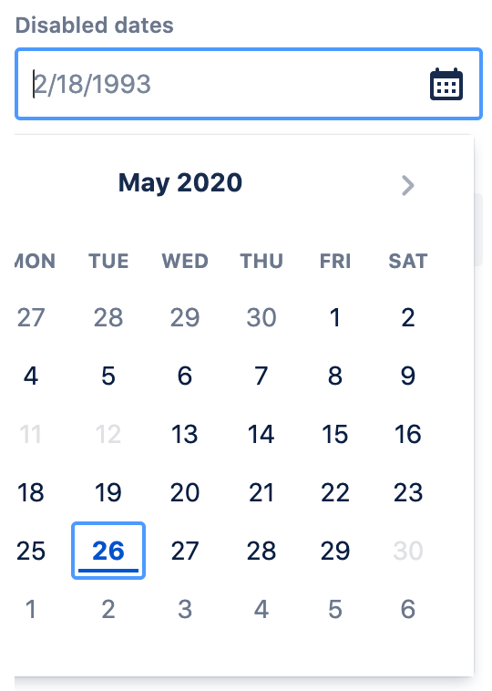 disabled dates concept on a Datepicker component in Atlaskit.