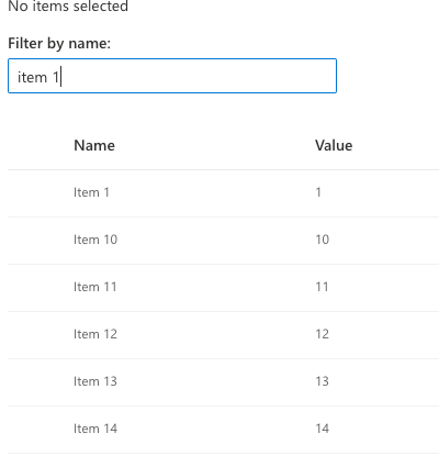 filtering concept on a Table component in UI Fabric.