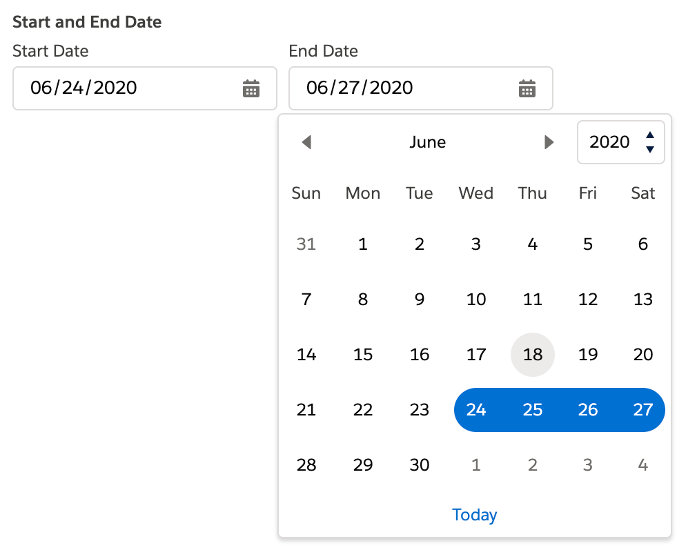range selected concept on a Datepicker component in Lightning Design System.
