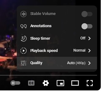 the youtube player consists of multiple buttons that invoke their own menulists. The settings button invokes a menulist allowing for the adjustment of quality, playback speed, toggling annotations and more.