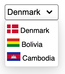 The rendering of a customizable select element with country flags next to the options